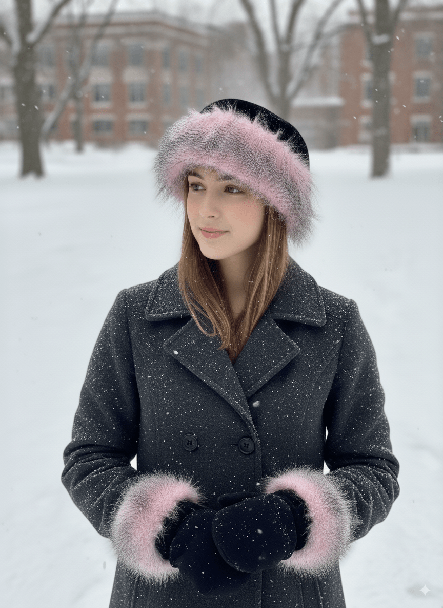 A woman stands in a snowy landscape wearing a black coat with pink fur trim. She gazes thoughtfully to the side, surrounded by snow-covered trees and buildings.