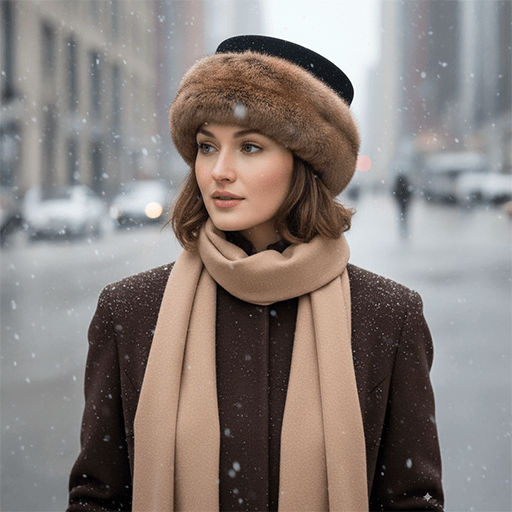 Woman in a fur hat and beige scarf stands on a snowy city street, wearing a dark coat. Snow falls gently, creating a serene, wintry atmosphere.