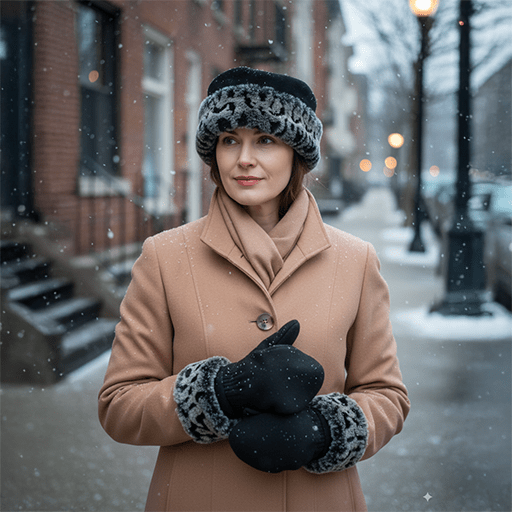 A woman stands on a snowy city sidewalk, wearing a tan coat with fur trim and a matching hat. She looks thoughtful, with softly falling snow and blurred lights behind her.