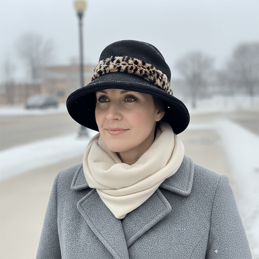 A woman wearing a black hat with leopard print trim and a gray coat stands outdoors on a snowy day, exuding a calm and thoughtful expression.