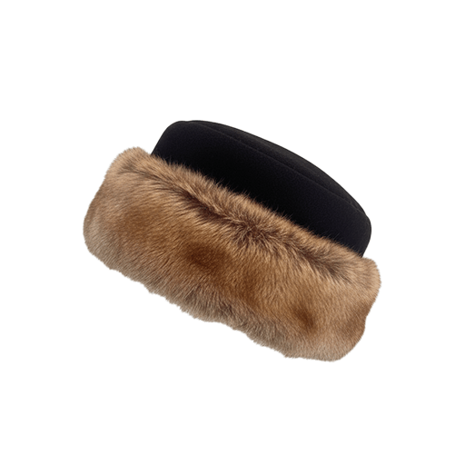 A stylish hat with a black leather top and a plush, fluffy pink and grey band. The texture looks soft, conveying a sense of warmth and luxury.