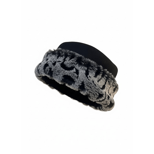 Black winter hat with a wide, plush faux-fur trim in a gray and black leopard print pattern, exuding a cozy and stylish winter accessory vibe.