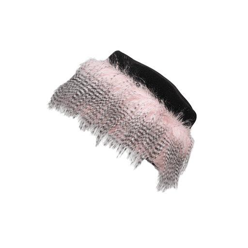 A stylish hat with a black leather top and a plush, fluffy pink and grey band. The texture looks soft, conveying a sense of warmth and luxury.
