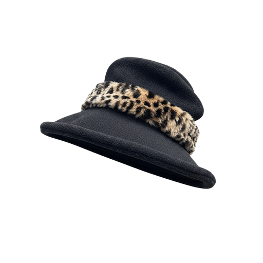 A stylish black hat with a soft, wide brim and a plush leopard-print band around the crown, conveying a sense of elegance and bold fashion.